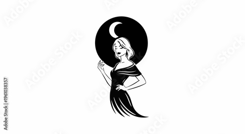 Elegant woman in a black dress stands under a crescent moon