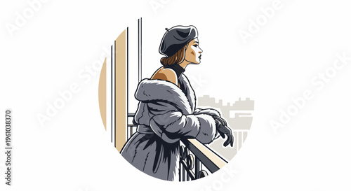 Elegant woman in fur coat and beret on balcony overlooking cityscape