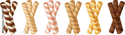 Assorted wafer stick vector illustration showing striped chocolate, vanilla, strawberry, and colorful dessert snack variations