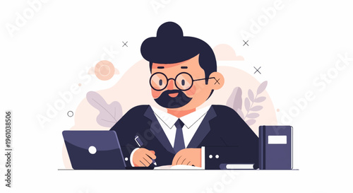 Cartoon man in suit with glasses writing at desk with laptop and books