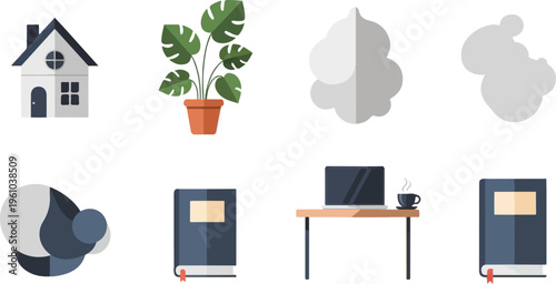 A collage of simple flat design icons house, plant, smoke, abstract shapes, books, laptop, coffee