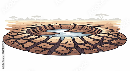 Dry cracked earth surrounds a small pool in a barren, arid landscape
