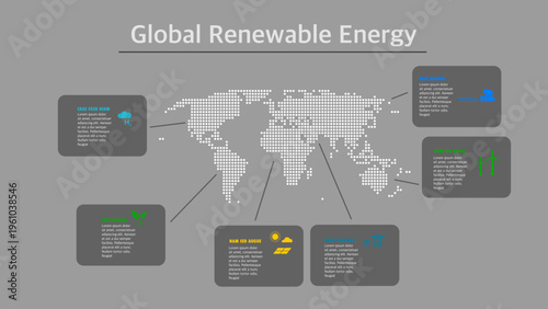 Global Renewable Energy Infographic with Percentage Data and World Map Background