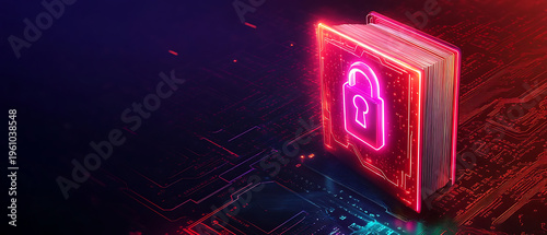 Secure digital library concept, glowing open book generating holographic lock symbol, futuristic data circuits forming radial network, dark tech background, vibrant neon lighting, cinematic glow,