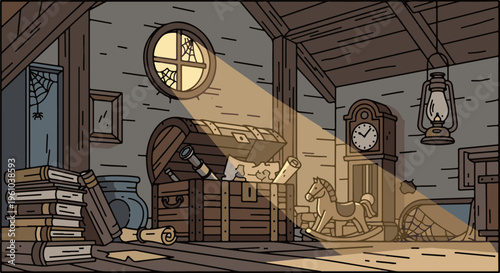 Dusty attic filled with old treasures and childhood memories