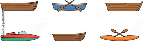 Cartoon boat collection with rowboats, motorboat, and kayak in colorful vector illustration of water transport and adventure