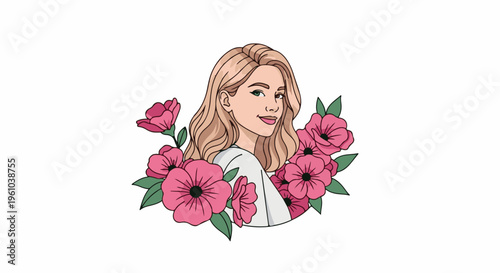 Illustration of a smiling blonde woman with pink flowers