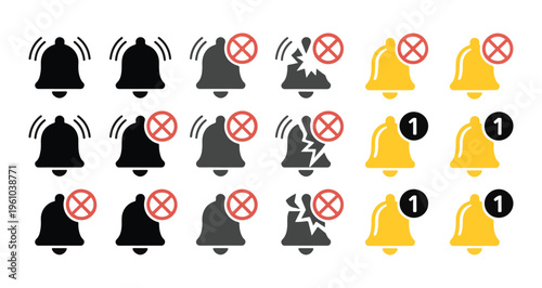 Set of notification bell icon, alarm bell rings and disabled notification signs, vector illustration isolated.