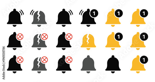 Set of notification bell icon, alarm bell rings and disabled notification signs, vector illustration isolated.