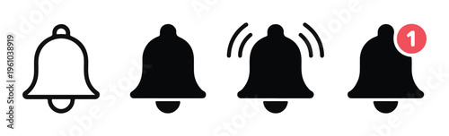Set of notification bell icon, alarm bell rings and notification sign, vector illustration isolated.