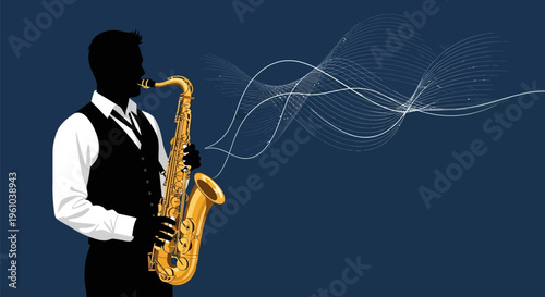 Silhouette of man playing golden saxophone with swirling sound waves on dark blue background