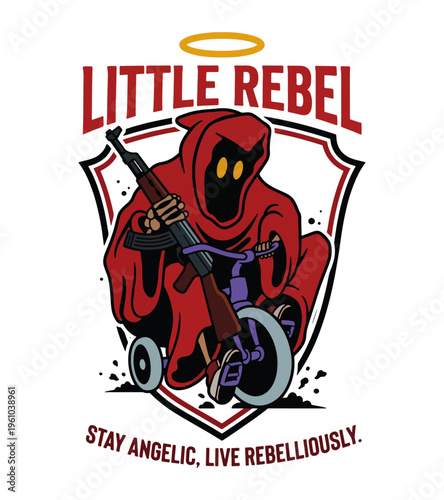 Illustrated cartoon character in a red hooded robe riding a small bicycle while holding a rifle and wearing a halo above depicting a rebellious theme Best Selling T-shirt Design
