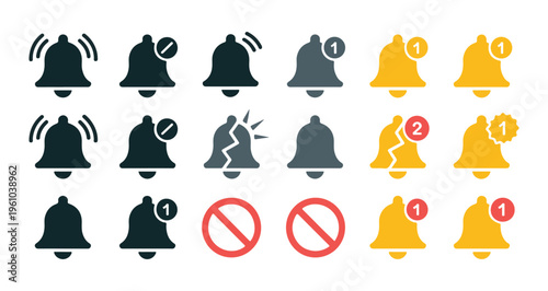 Set of notification bell icon, alarm bell rings and disabled notification signs, vector illustration isolated.