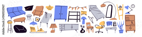 Different furniture set. House or hotel furnishing: beds, sofas, tables, lamps, armchairs and wardrobes. Elements for interior design. Flat isolated vector illustrations on a white background.