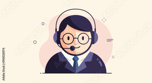Cartoonist with headset and glasses, dressed in suit and tie