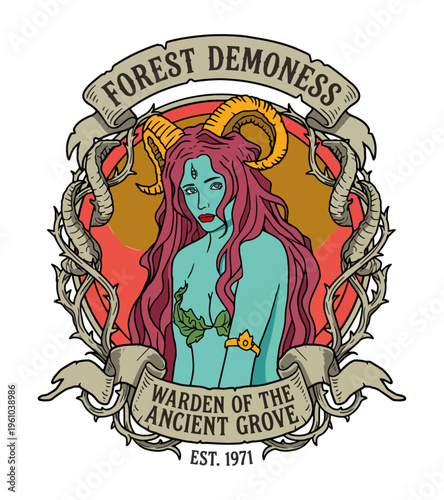 Illustrative depiction of and  framed by thorny vines and banners with text stating Forest Demoness and Warden of the Ancient Grove Est 1971 Best Selling T-shirt Design