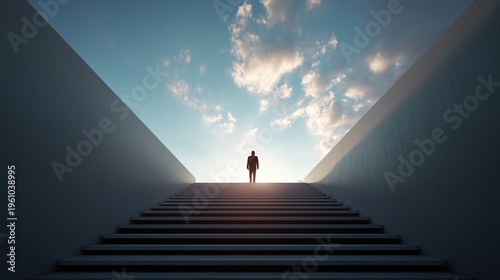 Silhouette of a businessman walking up a long staircase toward the bright sky.