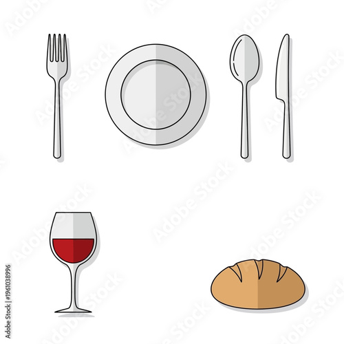 Flat Design Utensils, Plate, Wine Glass, and Bread Icon Set