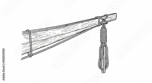Illustration of a wooden beam with ropes and a pulley system
