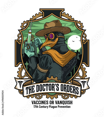 Steampunk plague doctor character holding a syringe in a graveyard with a full moon and bats in a gothic emblem design for medical themed concepts Best Selling T-shirt Design