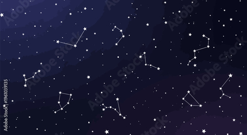 Night sky with constellations and stars astronomy background celestial map stargazing dark blue and purple hues white stars and lines space and universe concept