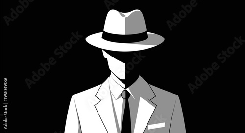 Mysterious man in white suit and hat on black background faceless illustration for anonymity concept