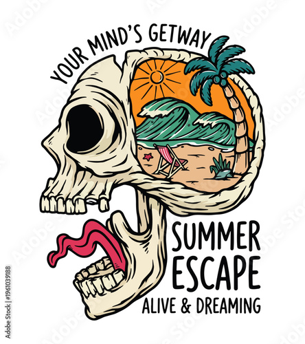 Stylized skull with a beach scene inside its head and a tropical palm tree representing a summer escape and mental getaway Best Selling T-shirt Design