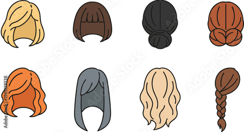 Cartoon hairstyle collection with straight, wavy, braided, and updo designs in colorful vector fashion illustration