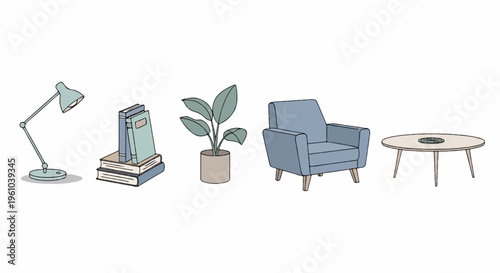 A desk lamp, stack of books, potted plant, armchair, and table