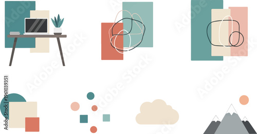 Abstract geometric and organic shapes with minimalist desk and mountain scenes