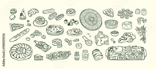 Meals of French cuisine sketch set. Different dishes and bakery: croissant, baguette, ratatouille, tart. Traditional food in Paris. Hand drawn isolated vector illustrations on white background.