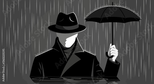 Mysterious faceless man in black coat and hat holding umbrella on rainy day with flooded background