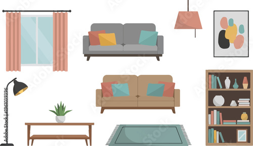 A collection of furniture and decor items for a living room setting