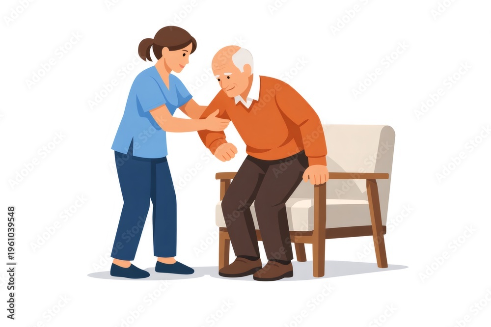 Obraz premium Professional caregiver providing support and help to an elderly man with mobility, assisting him in standing up from an armchair, illustrating home healthcare and senior care