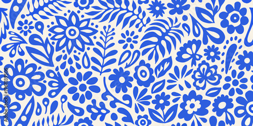 Intricate blue and white floral pattern with repeating botanical motifs