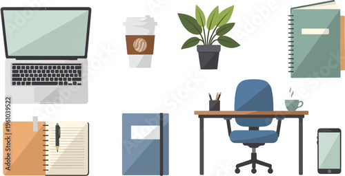 A flat design of a modern office setup with a laptop and a plant