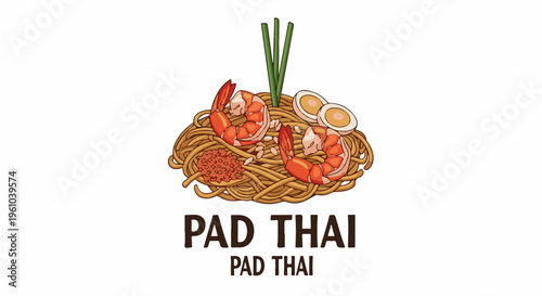 Illustration of Pad Thai noodles with shrimp, egg, and chives