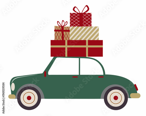 A vintage green car transports a stack of cheerfully wrapped gifts