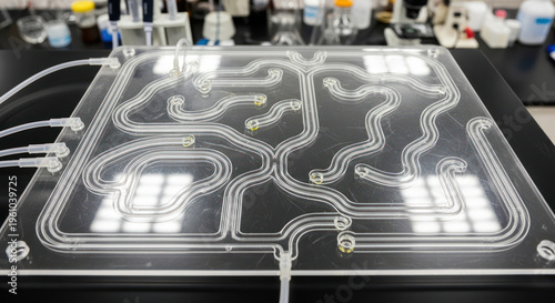 Close-up of a transparent microfluidic chip on a lab table with tubes and equipment in the