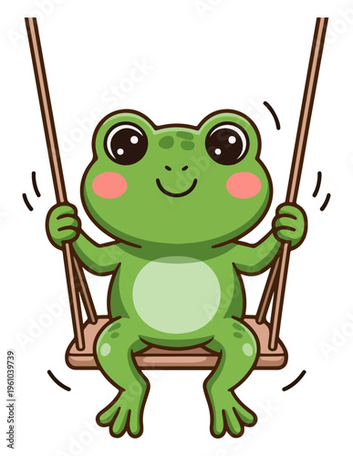 A cheerful green cartoon frog happily swinging on a swing set.