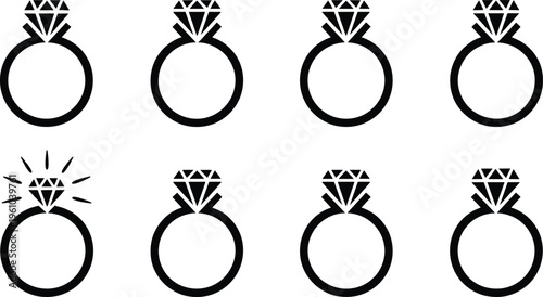 Diamond ring icon set with engagement jewelry symbols black silhouette luxury wedding accessory vector illustration collection isolated