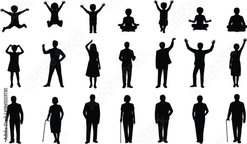 People silhouettes collection including children adults and seniors in various poses isolated on white background, lifestyle, diversity, activity concept