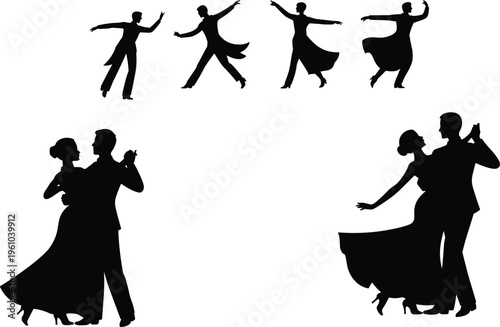 Ballroom dance silhouettes of elegant couples performing waltz tango moves isolated on white background, romantic, graceful, performance, classic dance style