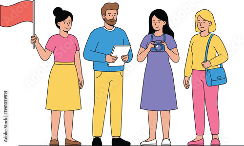 Cartoon tour guide with flag leading group of tourists in colorful vector illustration of travel and sightseeing