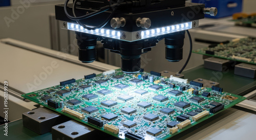 Close-up of an automated inspection machine examining a circuit board with bright lighting