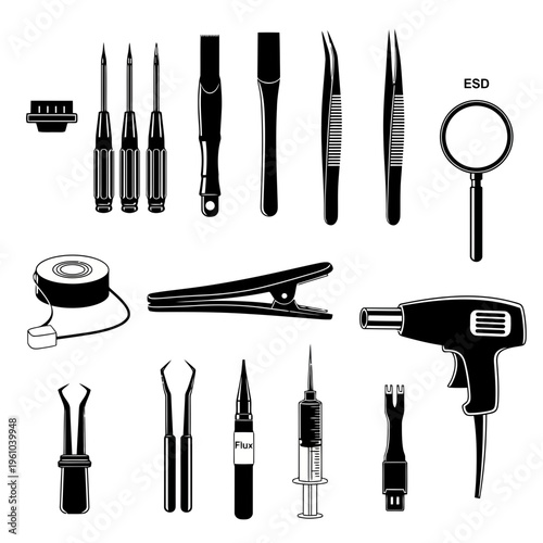 Isolated collection of metal construction hardware and professional tools including a hammer, wrench, and scissors for repair work or manicure sets on a white background
