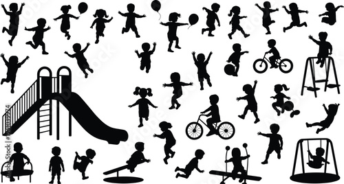 Children playground silhouettes collection with kids playing jumping cycling and sliding isolated on white background, fun, activity, childhood lifestyle