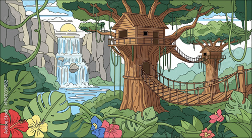 Whimsical treehouse with bridge and waterfall in lush green forest landscape with vibrant flowers
