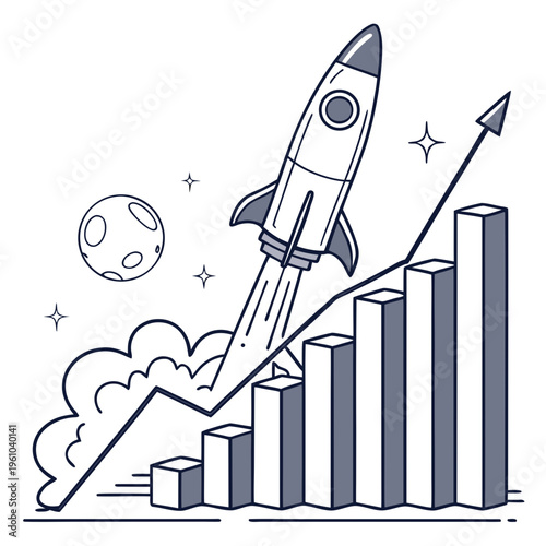 Monochrome Rocket Launches with Bar Graph business growth