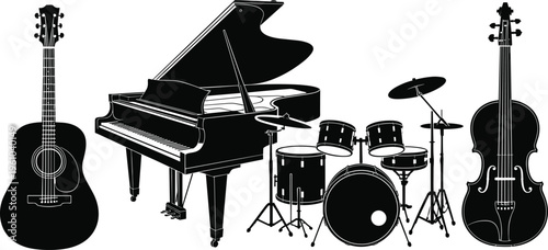 Musical instruments silhouettes including guitar piano drum set and violin isolated on white background, music, orchestra, entertainment concept